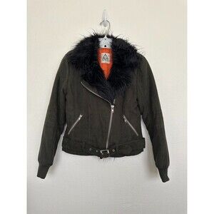 UNIF Berlin Fur Trim Bomber Jacket Suede Green Zipper Orange Lined Women's Sz XS